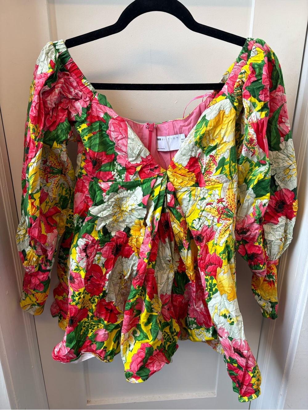 ASOS Floral Puff-Sleeve Off-Shoulder Dress in Pink, Yellow & Green